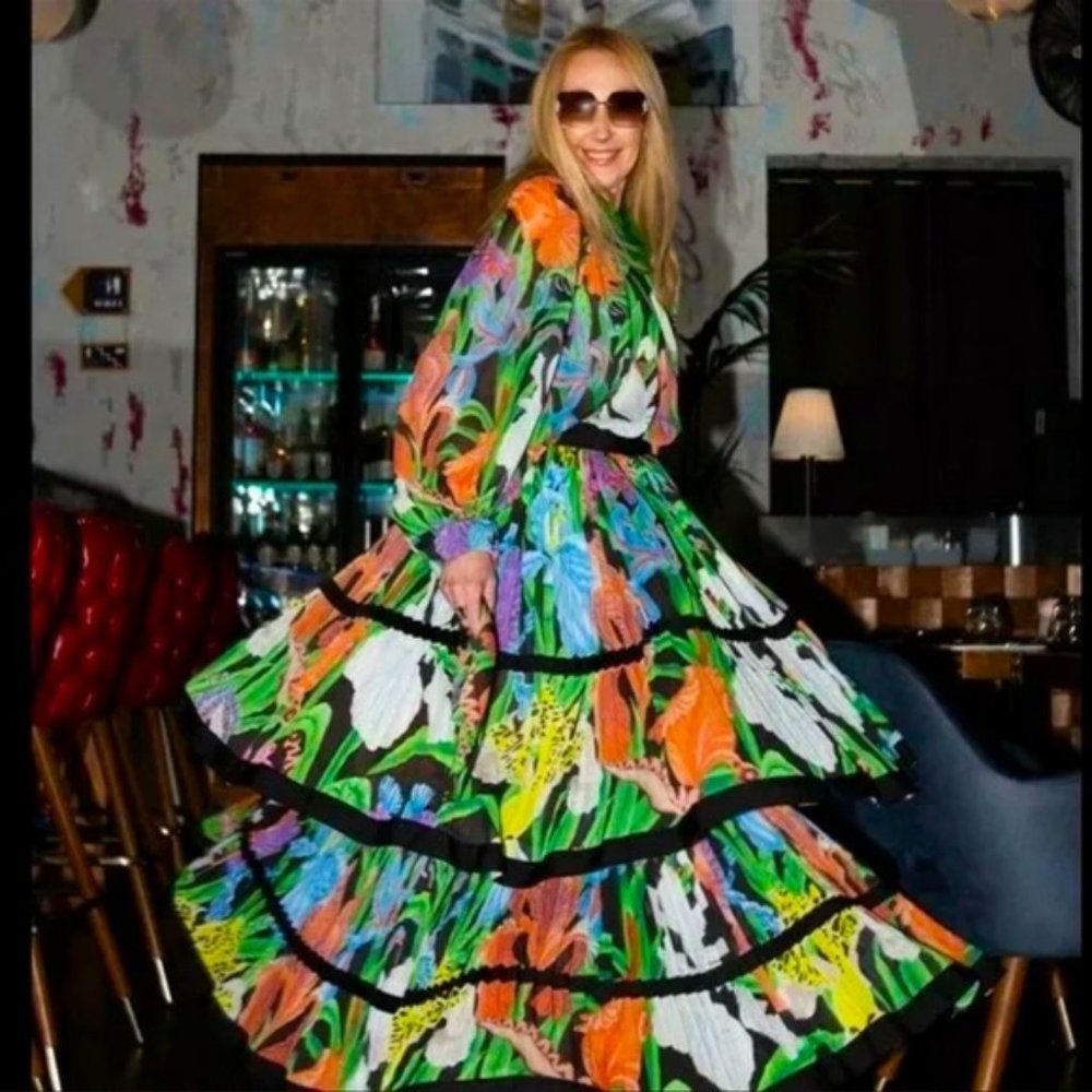 Iris Apfel X H&M Multicolored Patterned Floral Ruffle Maxi Pleated Skirt US 0